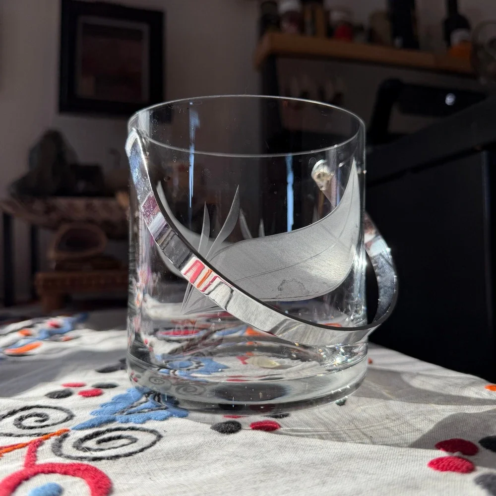Made in Portugal Etched Glass Ice Bucket Air Bubbles Leaf Barware Vintage 5in